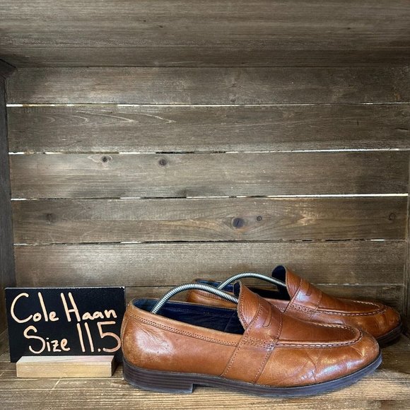 Mens Cole Haan Grand.Os Brown Leather Almond Toe Penny Loafers Size 11.5 M GUC - Picture 1 of 6